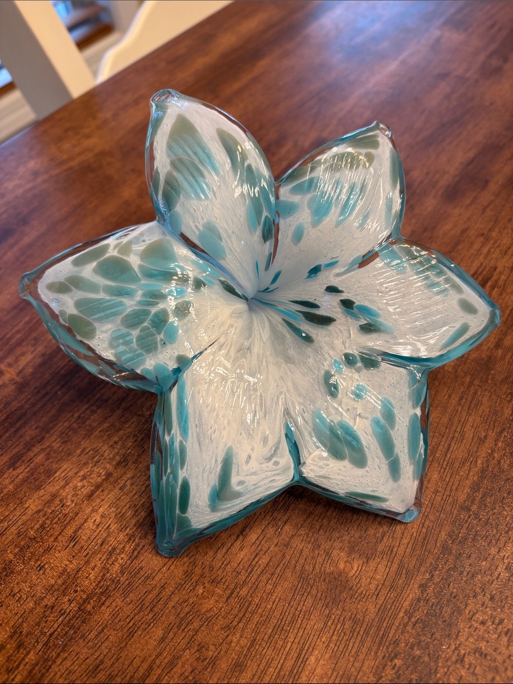 Beautiful Hand Blown Teal and White Glass Flower - Home Art